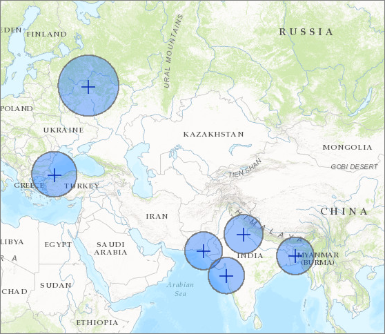 300-mile buffers displayed in different parts of the world 300-mile buffers displayed in different parts of the world